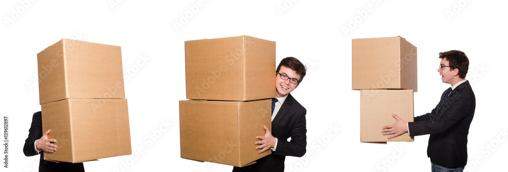 Funny man with boxes isolated on white Funny man with boxes isolated on white
