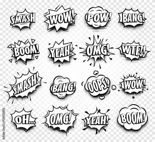 Isolated abstract black and white color comics speech balloons icons collection on checkered background, dialogue boxes with popular expressions set,pop art dialog frames vector illustration