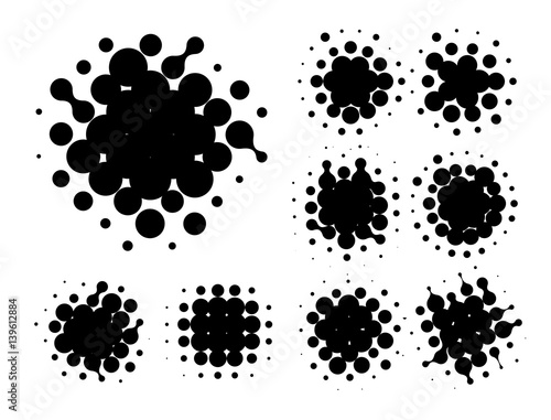 Isolated black color abstract round shape halftone dotted logo set, dots decorative elements collection vector illustration