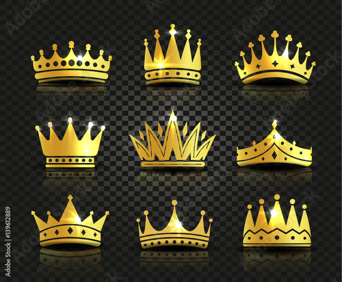 Isolated golden color crowns logo collection on black background, luxury royal sign vector illustrations set