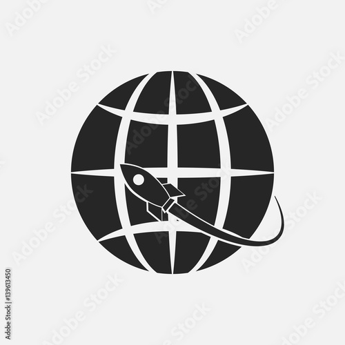Monochrome isolated logo of a rocket flying around the globe