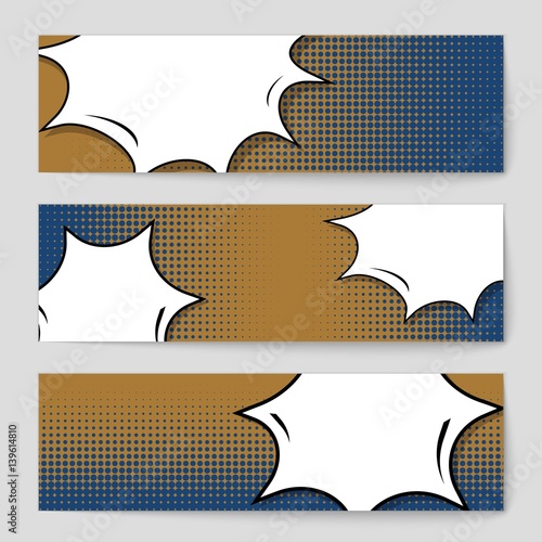 Abstract creative concept vector comic pop art style blank, layout template with clouds beams and isolated dots background. For sale banner, empty speech bubble set, illustration halftone book design.