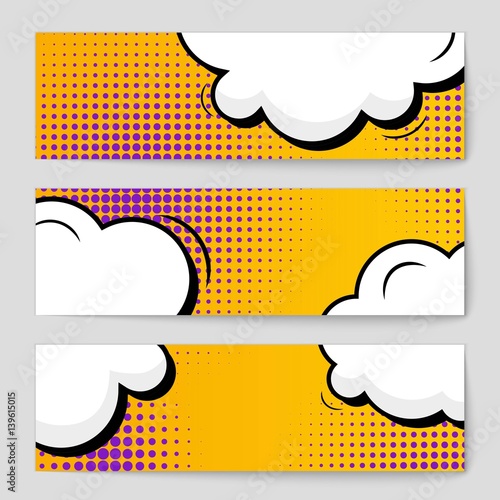Abstract creative concept vector comic pop art style blank, layout template with clouds beams and isolated dots background. For sale banner, empty speech bubble set, illustration halftone book design.