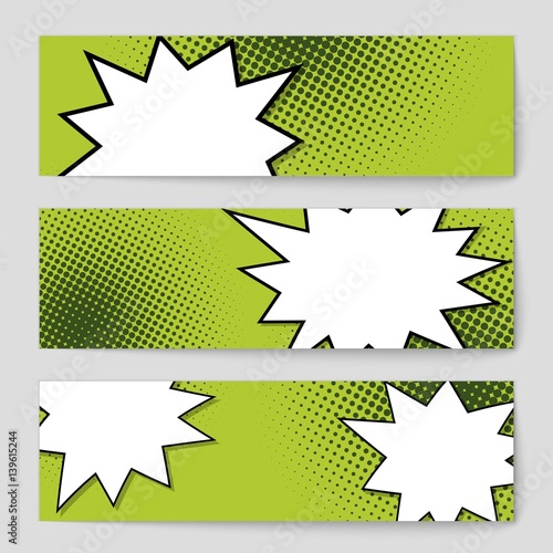 Abstract creative concept vector comic pop art style blank, layout template with clouds beams and isolated dots background. For sale banner, empty speech bubble set, illustration halftone book design.