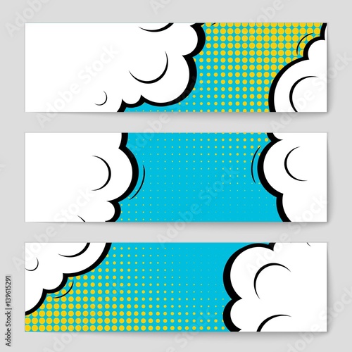Abstract creative concept vector comic pop art style blank, layout template with clouds beams and isolated dots background. For sale banner, empty speech bubble set, illustration halftone book design.