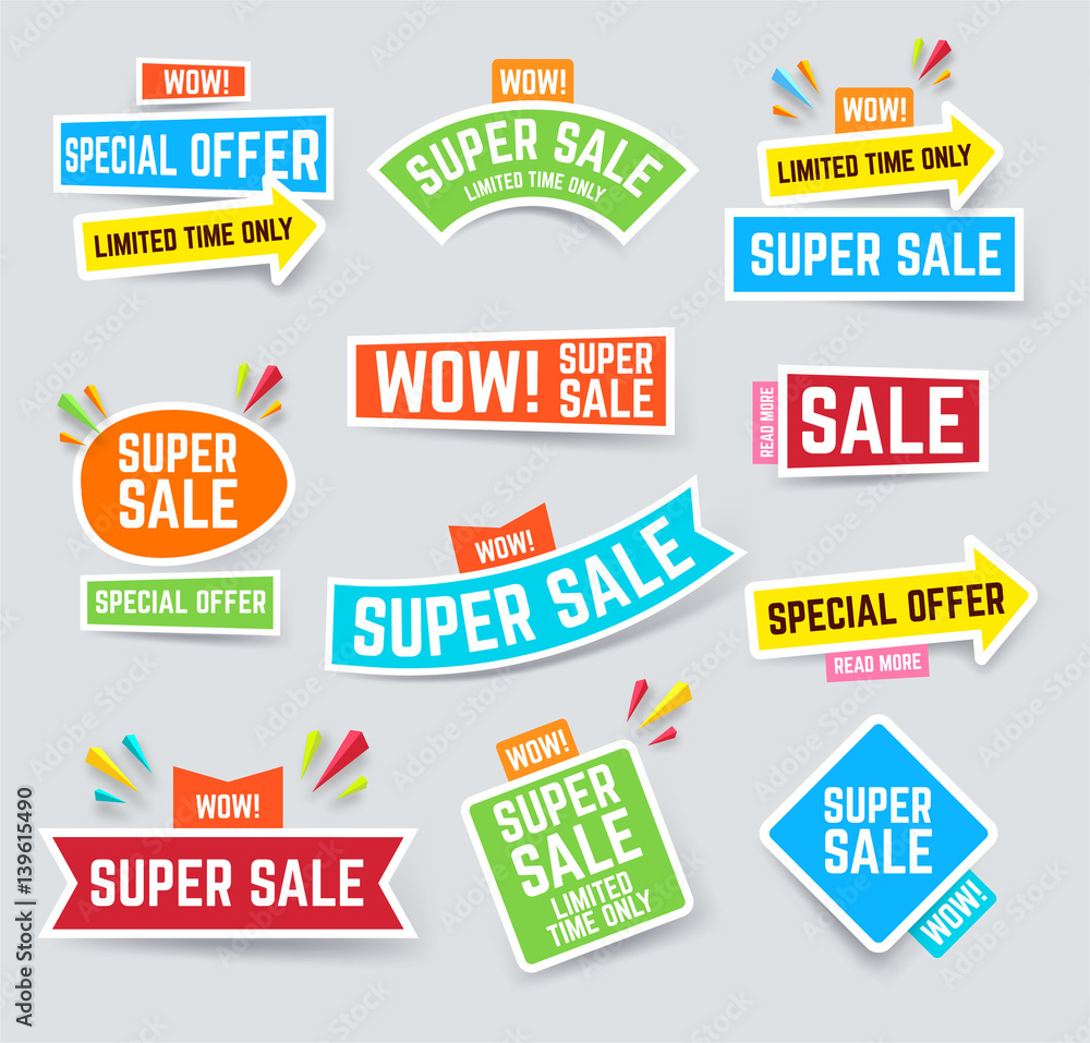 Set of super sale banner for attracting attention. Sale and discounts layout. Vector illustration.