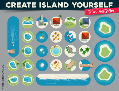 Create island yourself. Island constructor. Top view. vector illustrations.