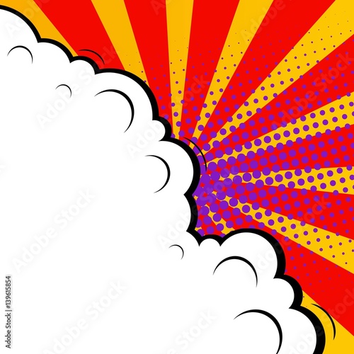 Abstract creative concept vector comic pop art style blank, layout template with clouds beams and isolated dots background. For sale banner, empty speech bubble set, illustration halftone book design.
