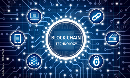 Blockchain , cryptocurrencies , bitcoin concept. Electric circuit graphic and infographic of Block chain , network connect , security , binary coded icons.