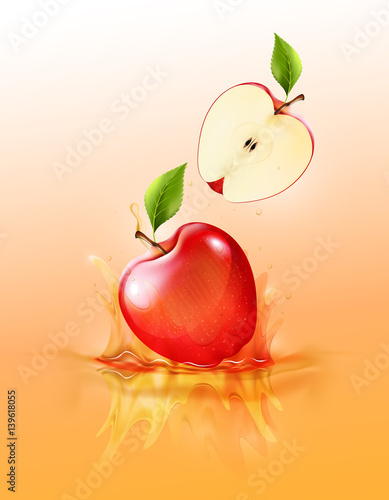 Red apple drop on juice splash and ripple, Realistic Fruit and yogurt, transparent, vector illustration