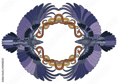 Vector illustration of Celtic ravens pair in love frame colorful