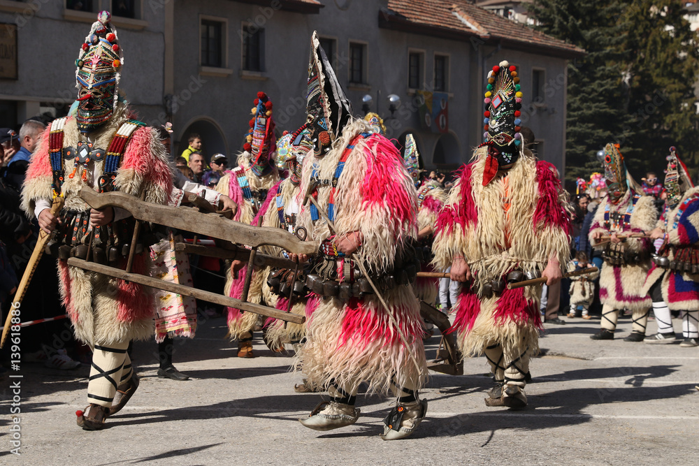 Shiroka Laka, Bulgaria - March 5, 2017: Traditional Kukeri costume at the Festival of the Masquerade Games Pesponedelnik in Shiroka laka, Bulgaria