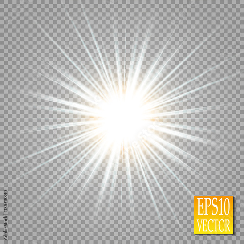 Glow light effect. Starburst with sparkles on transparent background. Vector illustration. Sun 