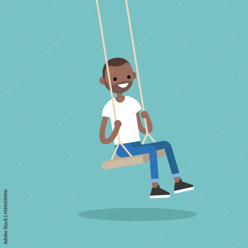 Young black guy sitting on the swing / editable flat vector illustration Young black guy sitting on the swing / editable flat vector illustration