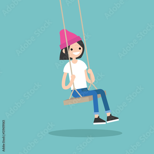 Young girl sitting on the swing / editable flat vector illustration
