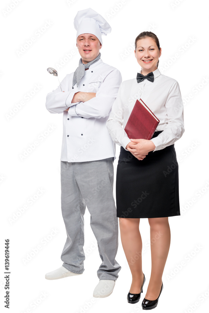 Happy chef and waiter posing in the studio on a white background Happy chef and waiter posing in the studio on a white background