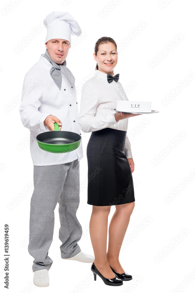 waitress and chef with cooking utensils on a white background in studio waitress and chef with cooking utensils on a white background in studio