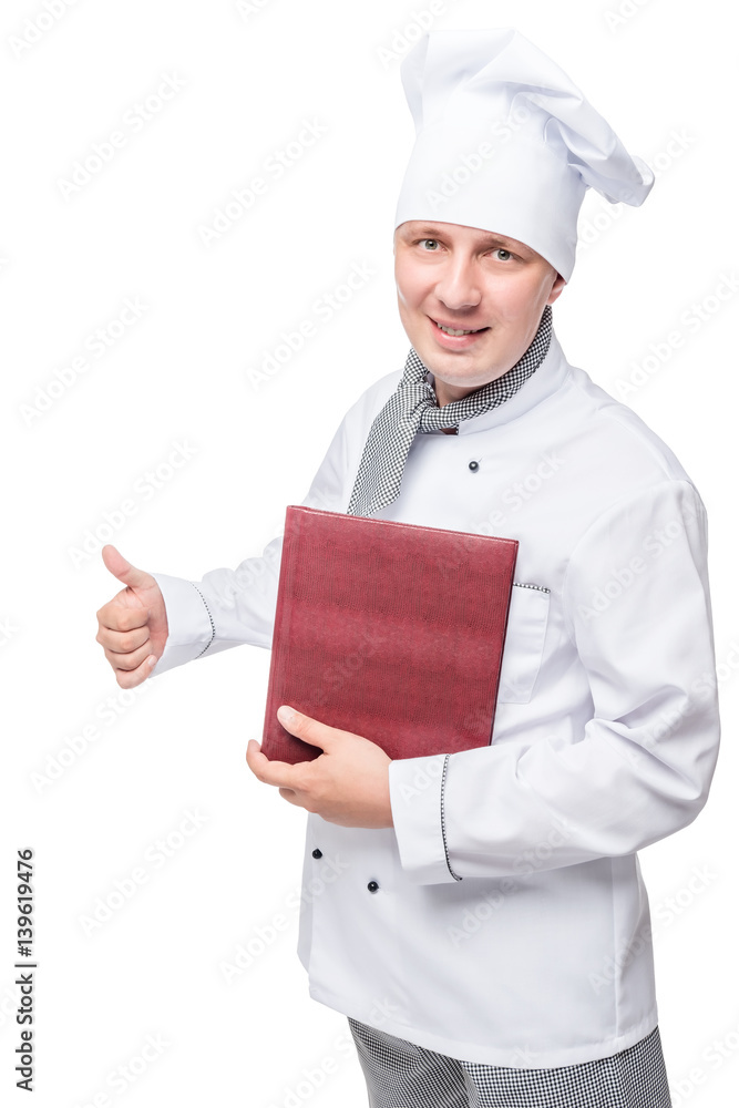 successful happy chef holding a menu on a white background successful happy chef holding a menu on a white background