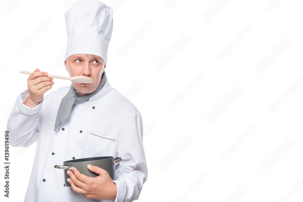 cook with soup and spoon and space for inscription on the right cook with soup and spoon and space for inscription on the right