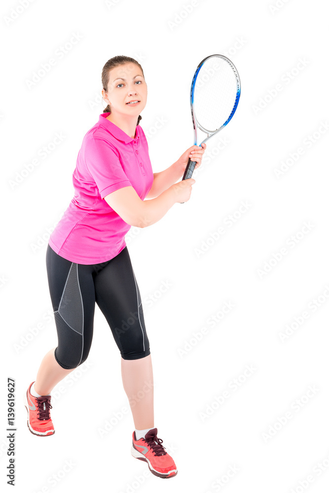 Photo of active woman during a game of tennis on a white background