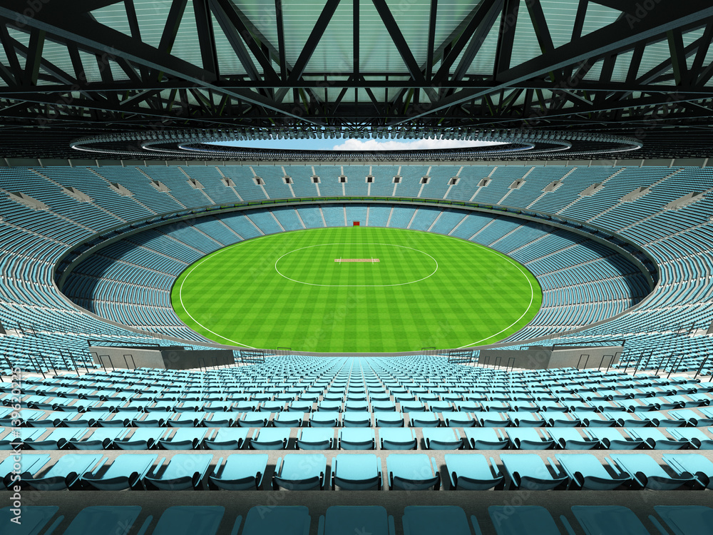 Fototapeta premium 3D render of a round cricket stadium with sky blue seats and VIP boxes
