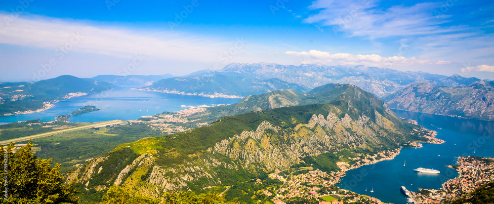 Panoramic view on Kotor bay and Old Town. Kotor, Montenegro.