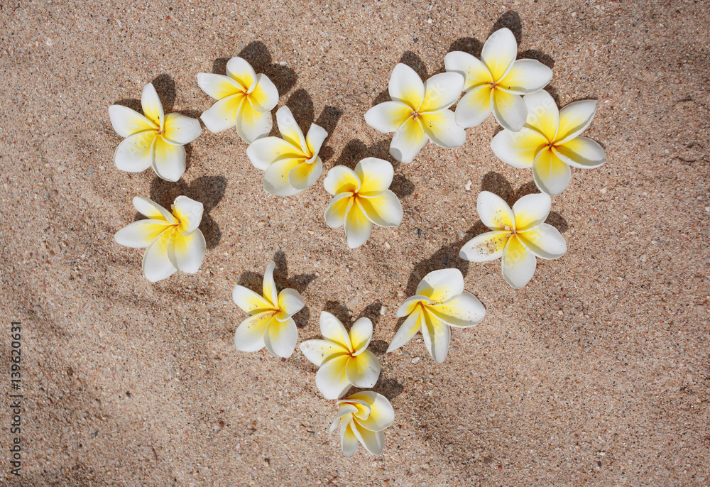 Heart of flowers frangipani on sand. Tropical flowers. Heart of flowers frangipani on sand. Tropical flowers.
