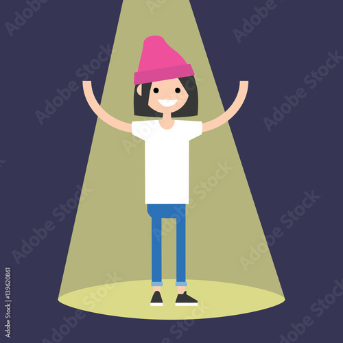 Young successful brunette girl standing in the spotlight / flat editable vector illustration