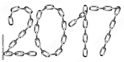Vector 2017 inscription made from metal chain, isolated on white.