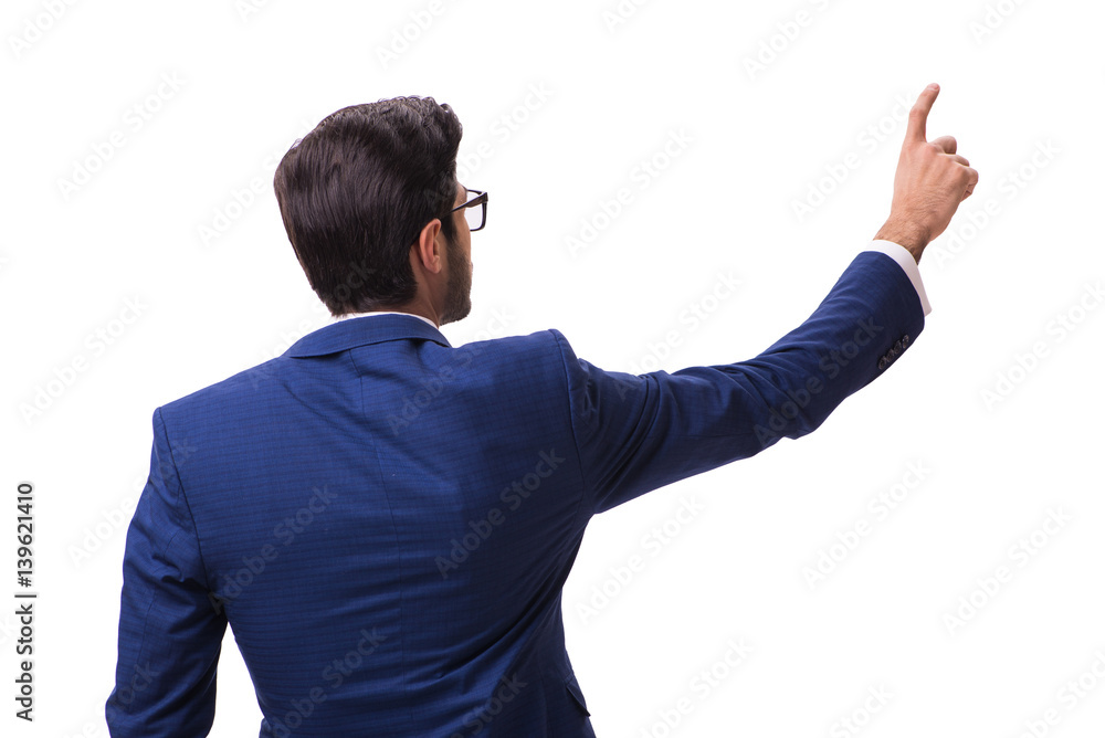 Young businessman pressing virtual buttons isolated on white Young businessman pressing virtual buttons isolated on white