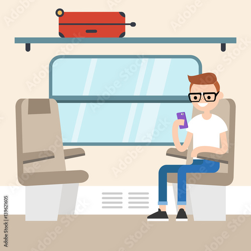 Young passenger sitting in the train compartment / editable flat vector illustration