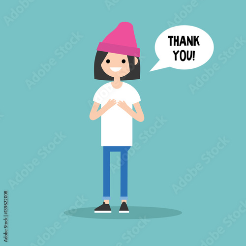 Young grateful brunette girl says "thank you"