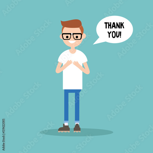 Young grateful nerd says "Thank you" / flat editable vector illustration