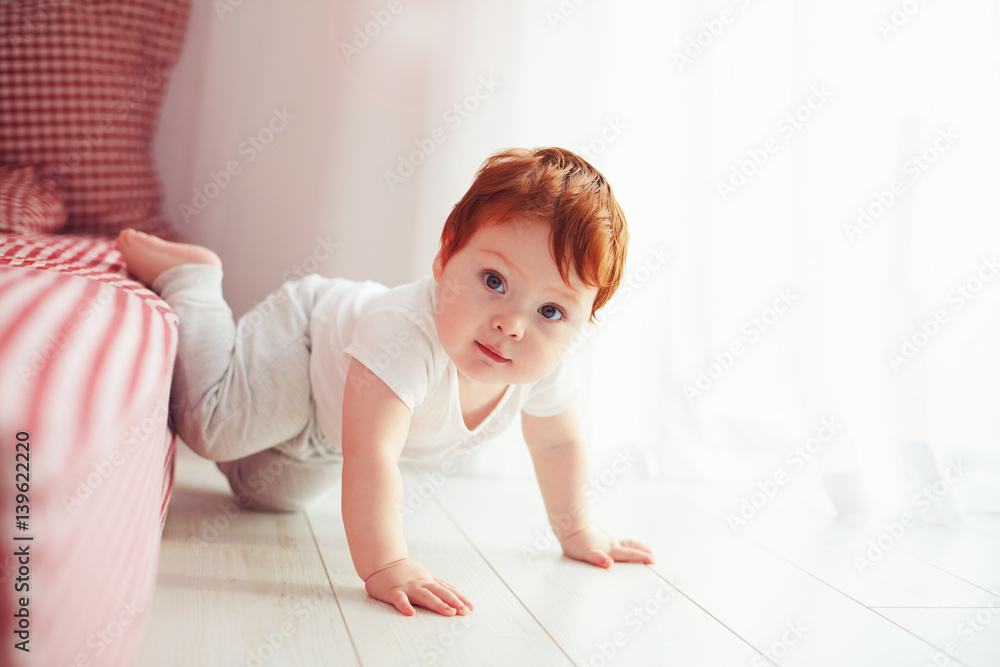 cute toddler baby getting off the bed, crawling at home cute toddler baby getting off the bed, crawling at home