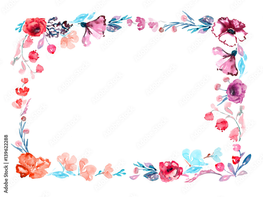 Horizontal frame of roses flowers and wild mallow, blue leaves and berries, hand painted watercolor illustration in modern style (soft spots), design with place for text (greetings or invitations) Horizontal frame of roses flowers and wild mallow, blue leaves and berries, hand painted watercolor illustration in modern style (soft spots), design with place for text (greetings or invitations)