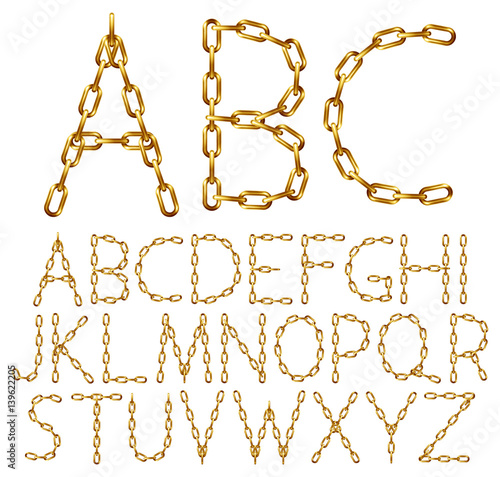 Vector alphabet letters made from golden chain, isolated on white