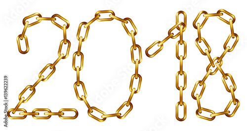 Vector 2018 inscription made from golden chain, isolated on white.
