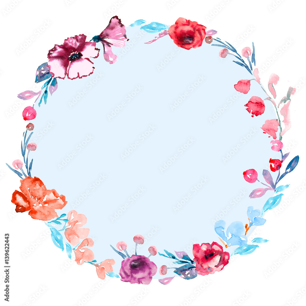Round frame of roses flowers and wild mallow, blue leaves and berries, hand painted watercolor illustration in modern style (soft spots), design with place for text (greetings or invitations) Round frame of roses flowers and wild mallow, blue leaves and berries, hand painted watercolor illustration in modern style (soft spots), design with place for text (greetings or invitations)