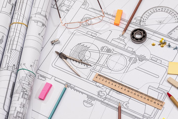 Workplace - technical project drawing with engineering tools. Construction background.