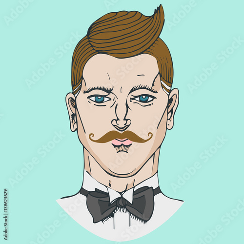 Hand drawn vintage portrait of moustached man full face.