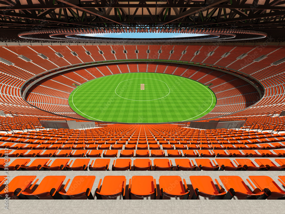 3D render of a round cricket stadium with orange seats and VIP boxes
