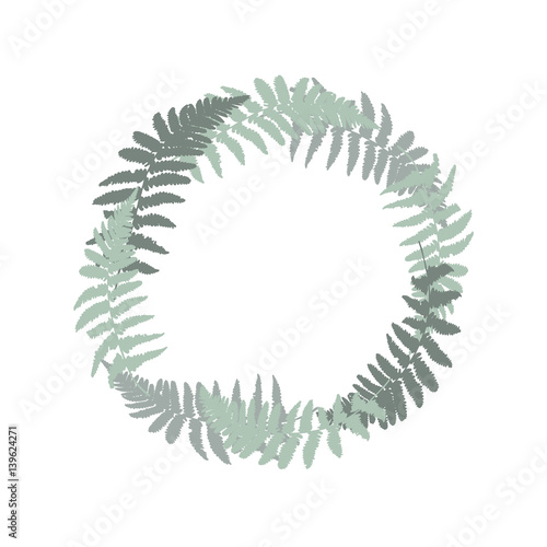 Wreath with hand drawn wild  fern leaves in shades of green and gray colors.