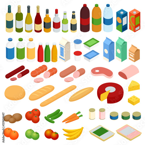 Isometric big set of foodstuff. Vector food Icons set.