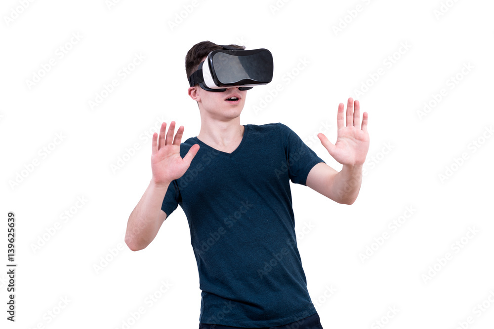 Naklejka premium The man with glasses of virtual reality on white isolated background.