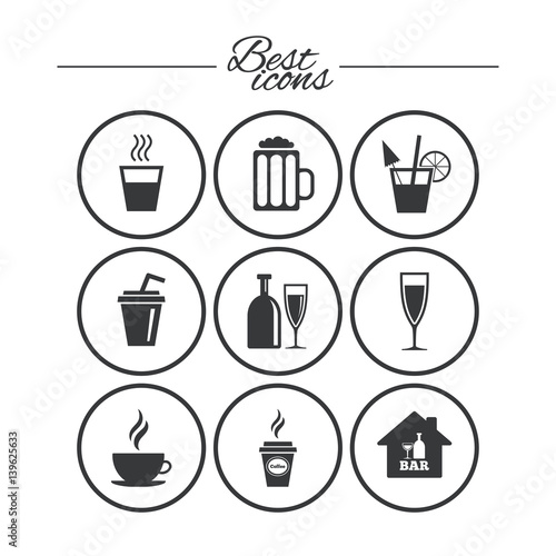 Cocktail  beer icons. Coffee and tea drinks.