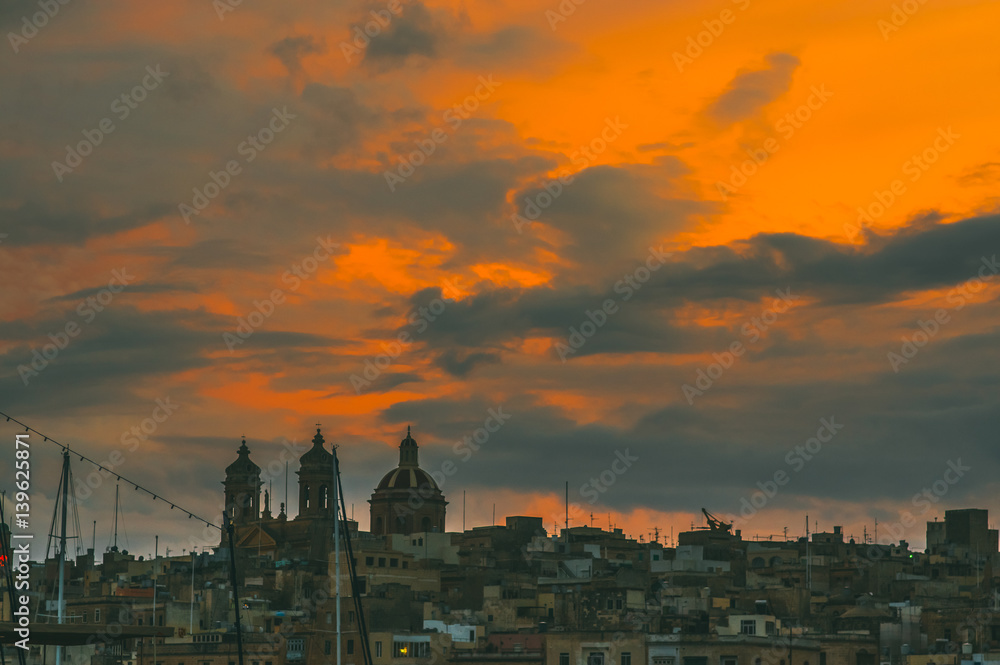 Beautiful evening in Senglea and Basilica of Our Lady of Victories