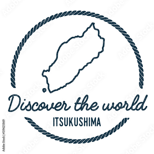 Itsukushima Map Outline. Vintage Discover the World Rubber Stamp with Island Map. Hipster Style Nautical Insignia, with Round Rope Border. Travel Vector Illustration.