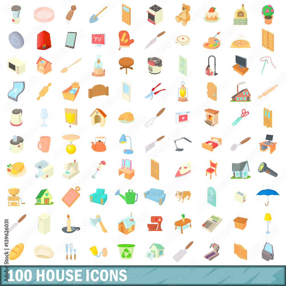 100 house icons set, cartoon style