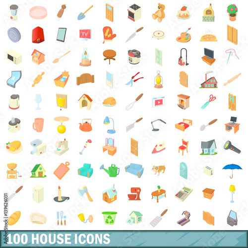 100 house icons set, cartoon style