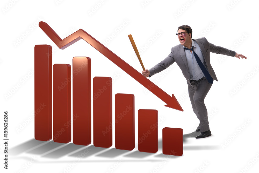 Angry man with baseball bat hitting downward chart Angry man with baseball bat hitting downward chart
